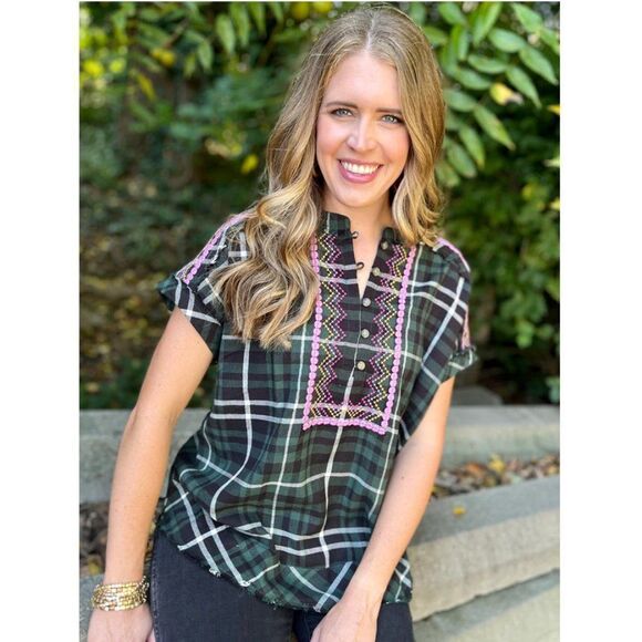 Ivy Jane Embroidered Plaid Top - Forest - Picture 1 of 16